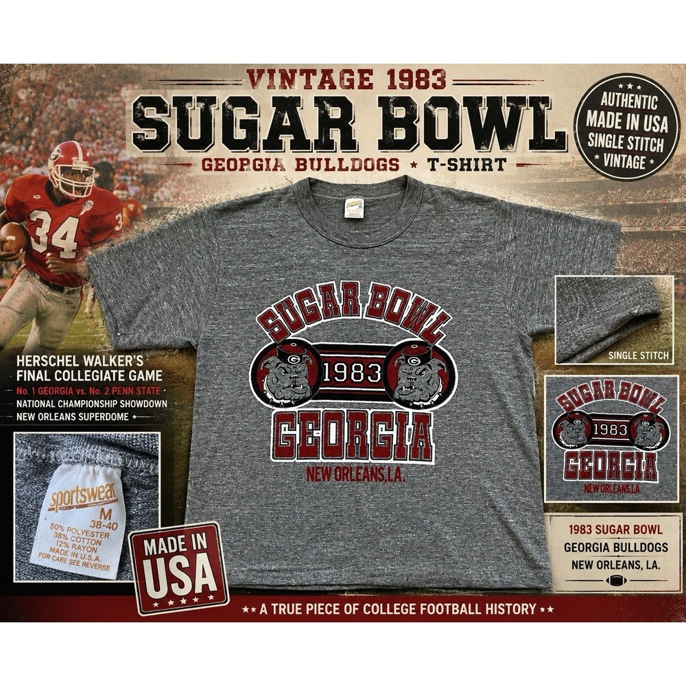 VTG 1983 Sugar Bowl Georgia Bulldogs T Shirt USA Made Single Stitch (M) Herschel